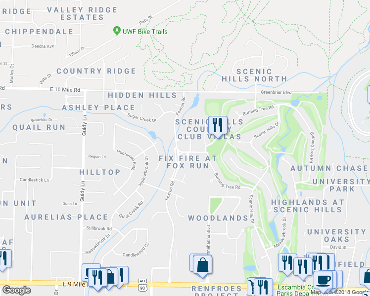 map of restaurants, bars, coffee shops, grocery stores, and more near 1327 Foxborough Drive in Pensacola