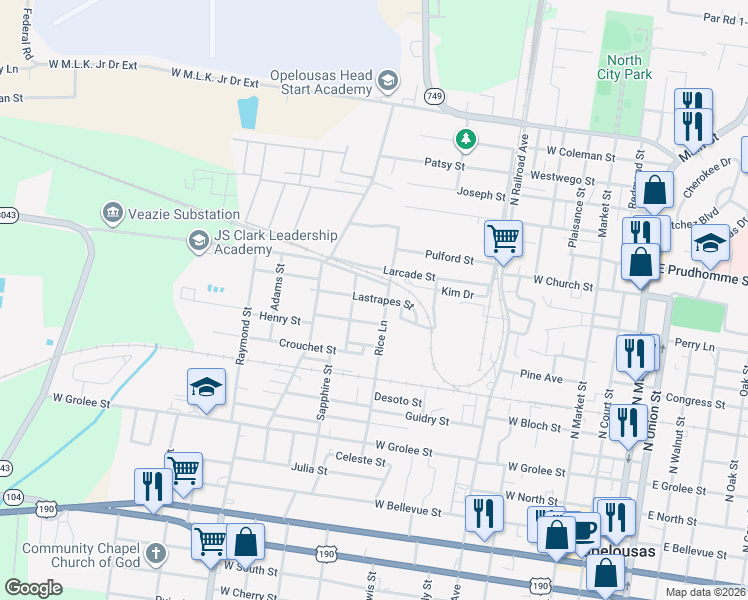 map of restaurants, bars, coffee shops, grocery stores, and more near 900-998 Lastrapes Street in Opelousas