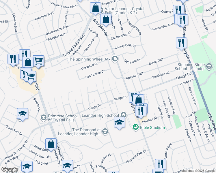 map of restaurants, bars, coffee shops, grocery stores, and more near 2414 Elkhorn Ranch Road in Leander