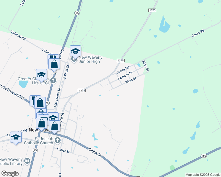 map of restaurants, bars, coffee shops, grocery stores, and more near 250 Gary Street in New Waverly