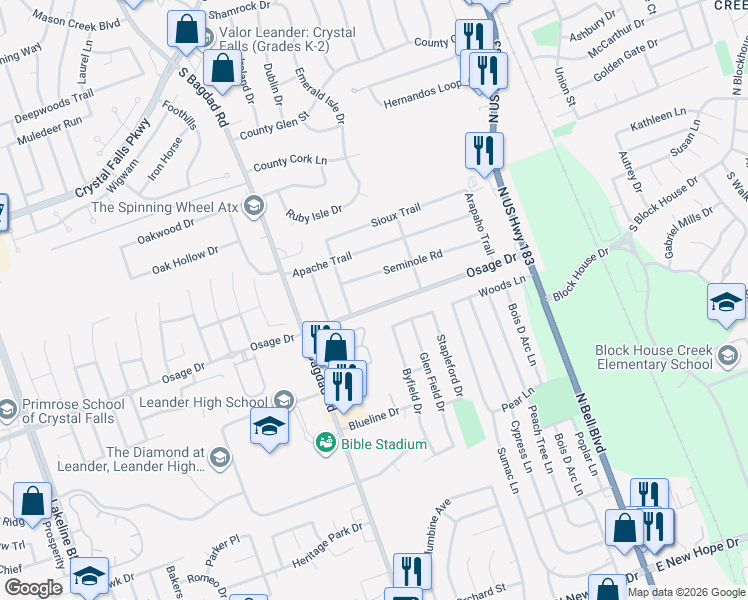 map of restaurants, bars, coffee shops, grocery stores, and more near 507 Osage Drive in Leander