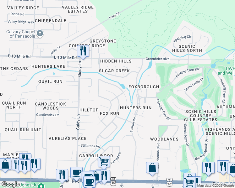 map of restaurants, bars, coffee shops, grocery stores, and more near 1210 Stone Bridge Road in Pensacola