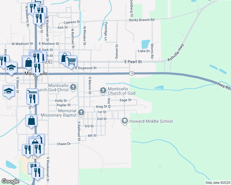 map of restaurants, bars, coffee shops, grocery stores, and more near 1140 Branch Street in Monticello