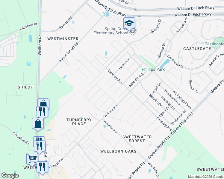 map of restaurants, bars, coffee shops, grocery stores, and more near 2617 Kinnersley Court in College Station