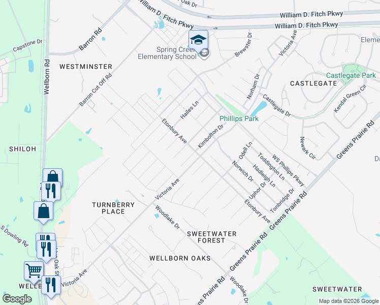 map of restaurants, bars, coffee shops, grocery stores, and more near 2605 Warkworth Lane in College Station