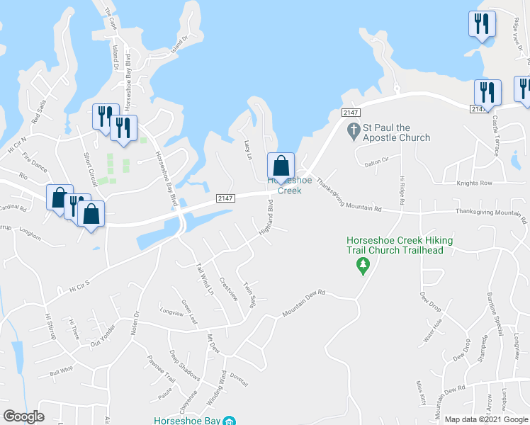 map of restaurants, bars, coffee shops, grocery stores, and more near 106 Highland Boulevard in Horseshoe Bay