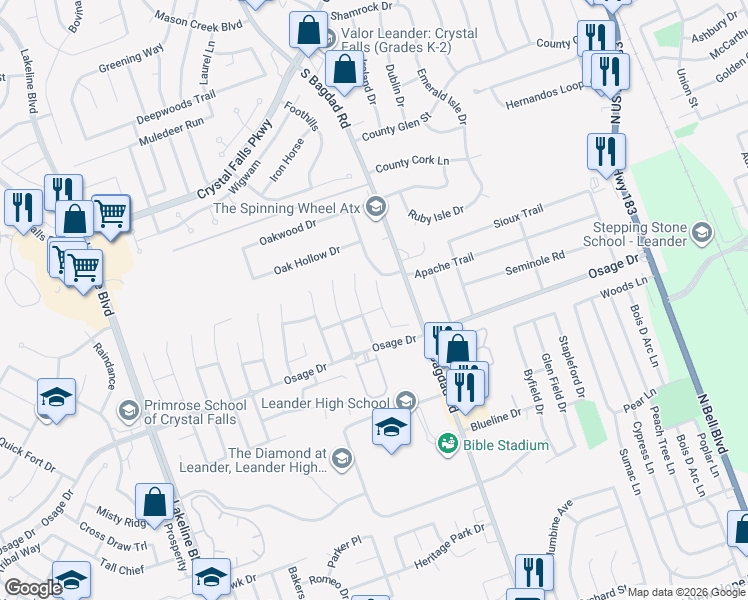 map of restaurants, bars, coffee shops, grocery stores, and more near 2409 White Stallion Way in Leander