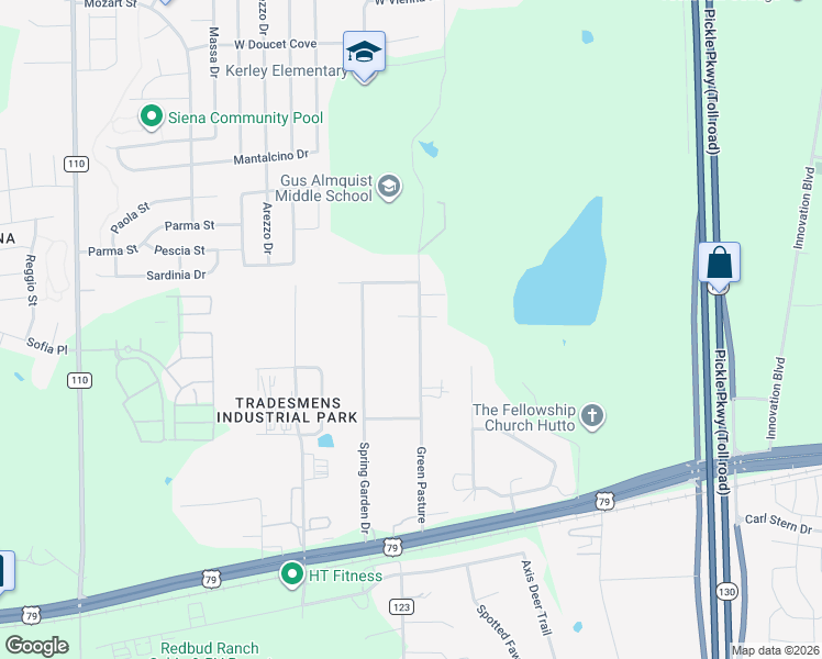 map of restaurants, bars, coffee shops, grocery stores, and more near 221 Green Pasture in Hutto