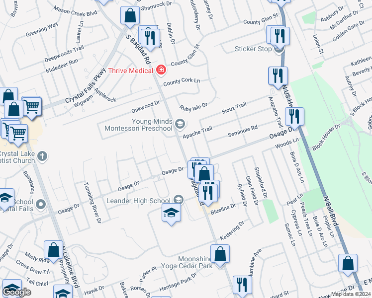 map of restaurants, bars, coffee shops, grocery stores, and more near 2506 South Bagdad Road in Leander