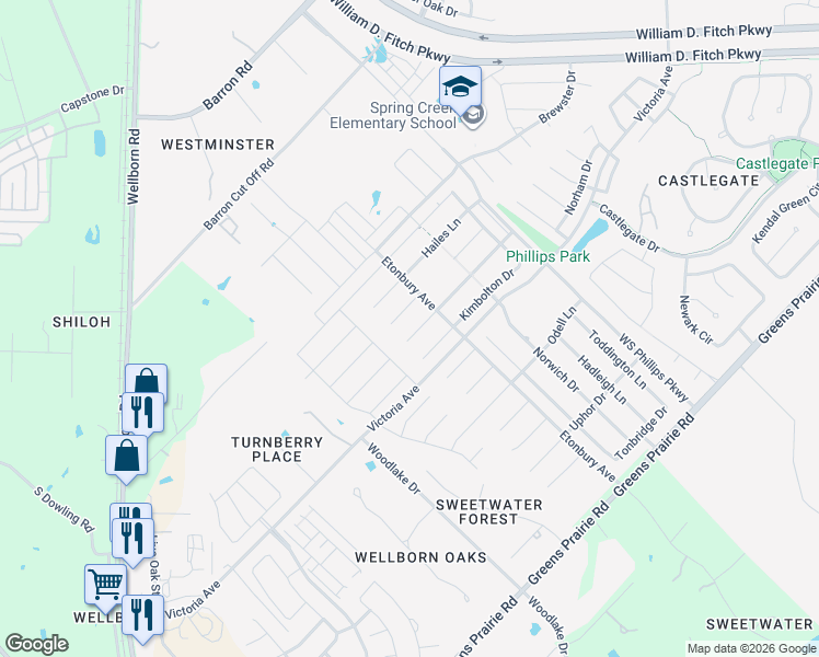 map of restaurants, bars, coffee shops, grocery stores, and more near 2617 Kinnersley Court in College Station