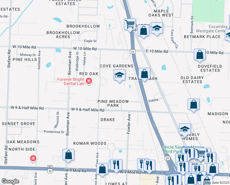 map of restaurants, bars, coffee shops, grocery stores, and more near 10001 Omar Avenue in Pensacola