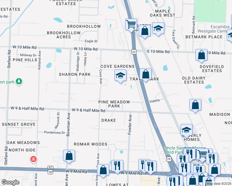 map of restaurants, bars, coffee shops, grocery stores, and more near 10001 Omar Avenue in Pensacola
