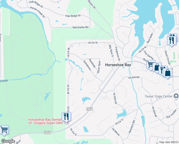 map of restaurants, bars, coffee shops, grocery stores, and more near 308 Sombrero in Horseshoe Bay
