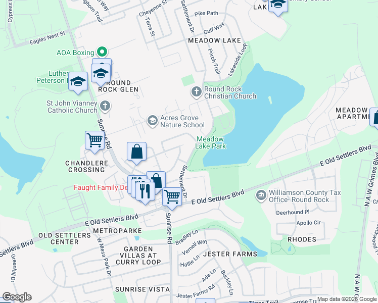 map of restaurants, bars, coffee shops, grocery stores, and more near 2910 Settlement Drive in Round Rock
