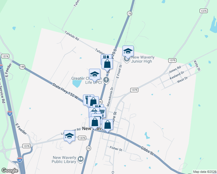 map of restaurants, bars, coffee shops, grocery stores, and more near 9267 State Highway 75 North in New Waverly