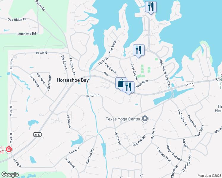 map of restaurants, bars, coffee shops, grocery stores, and more near 7503 Farm to Market Road 2147 in Horseshoe Bay