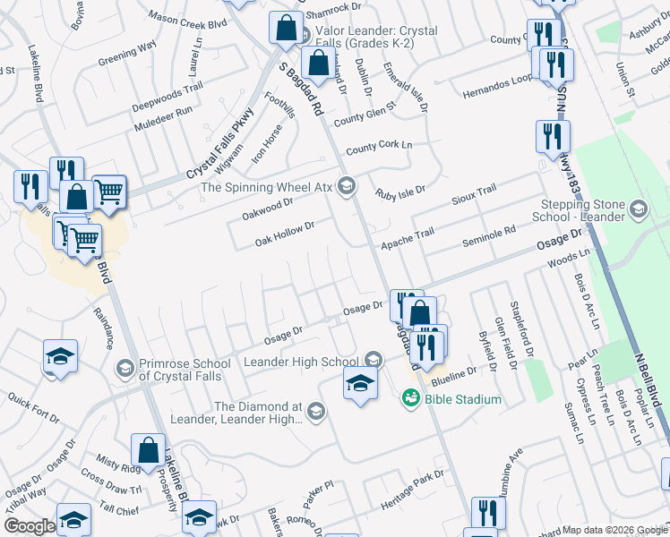 map of restaurants, bars, coffee shops, grocery stores, and more near 2414 Elkhorn Ranch Road in Leander