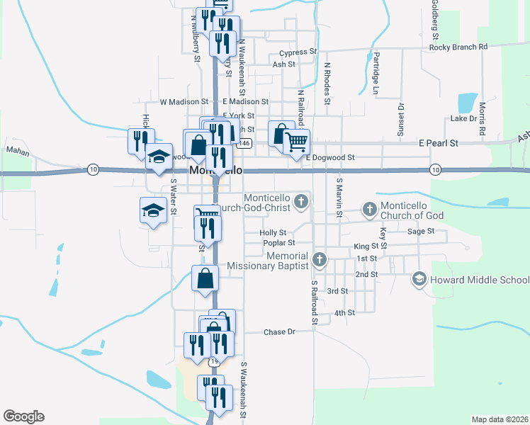 map of restaurants, bars, coffee shops, grocery stores, and more near 390 Maple Street in Monticello
