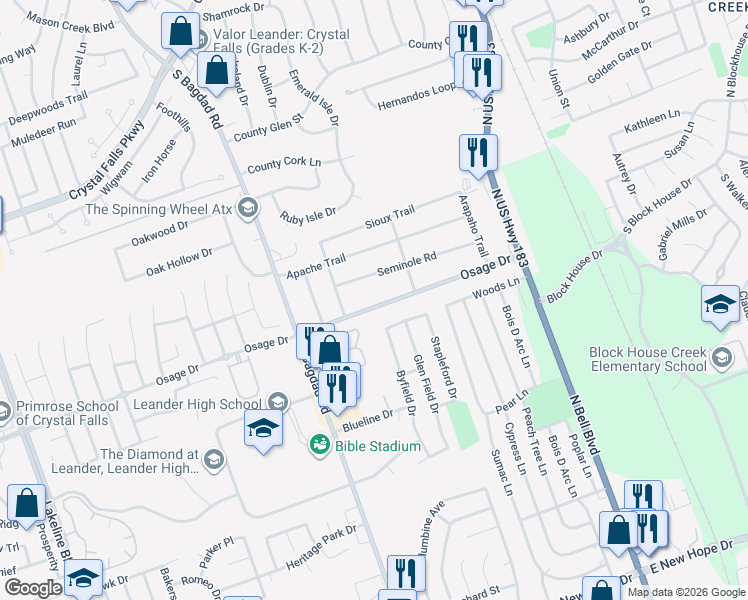 map of restaurants, bars, coffee shops, grocery stores, and more near 507 Osage Drive in Leander