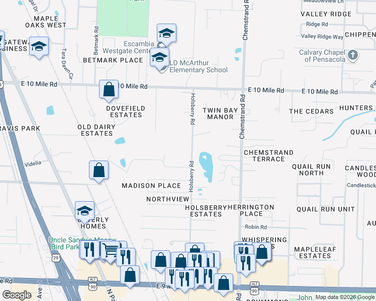 map of restaurants, bars, coffee shops, grocery stores, and more near 10125 Holsberry Road in Pensacola