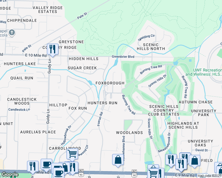 map of restaurants, bars, coffee shops, grocery stores, and more near 10109 Vixen Place in Pensacola