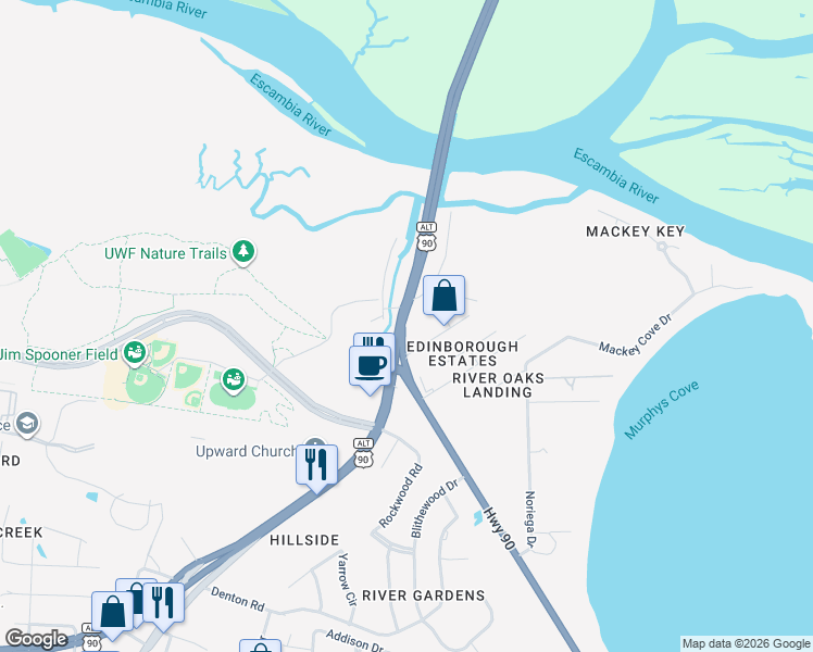 map of restaurants, bars, coffee shops, grocery stores, and more near 12098 Scenic Highway in Pensacola