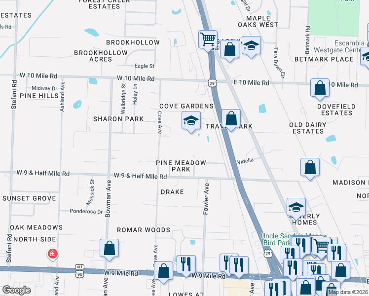 map of restaurants, bars, coffee shops, grocery stores, and more near 10001 Omar Avenue in Pensacola