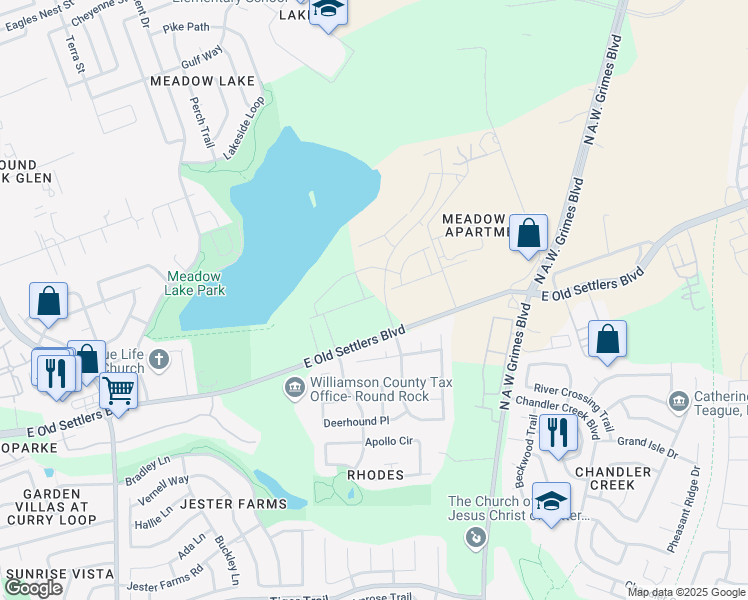 map of restaurants, bars, coffee shops, grocery stores, and more near 3201 College Park Drive in Round Rock