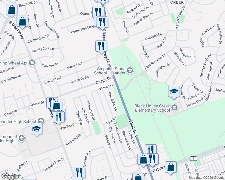 map of restaurants, bars, coffee shops, grocery stores, and more near 2703 Poplar Lane in Cedar Park