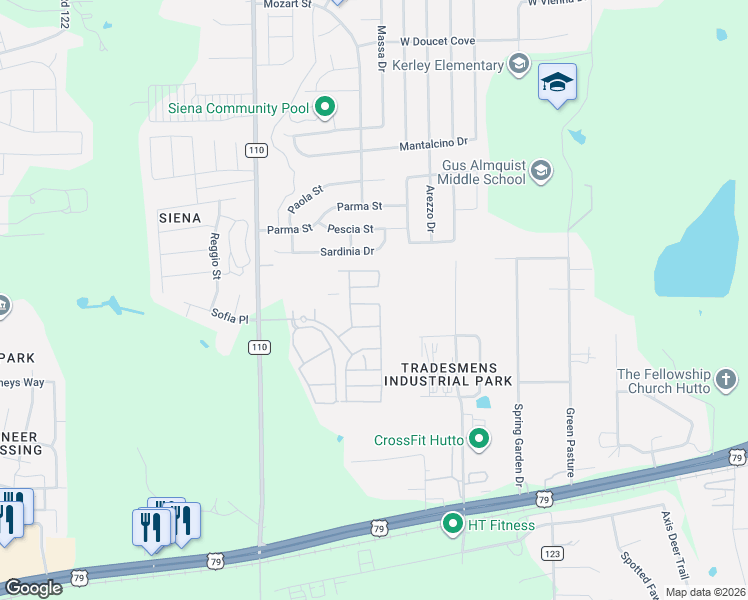 map of restaurants, bars, coffee shops, grocery stores, and more near 904 Tradesmens Park Loop in Hutto