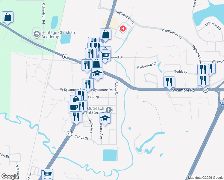 map of restaurants, bars, coffee shops, grocery stores, and more near 920 East Sycamore Road in Picayune