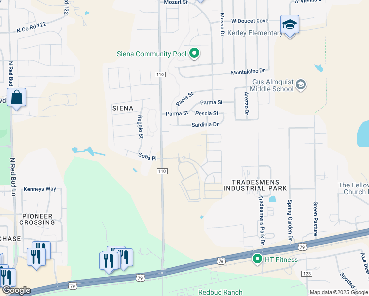 map of restaurants, bars, coffee shops, grocery stores, and more near 5540 Sofia Place in Round Rock