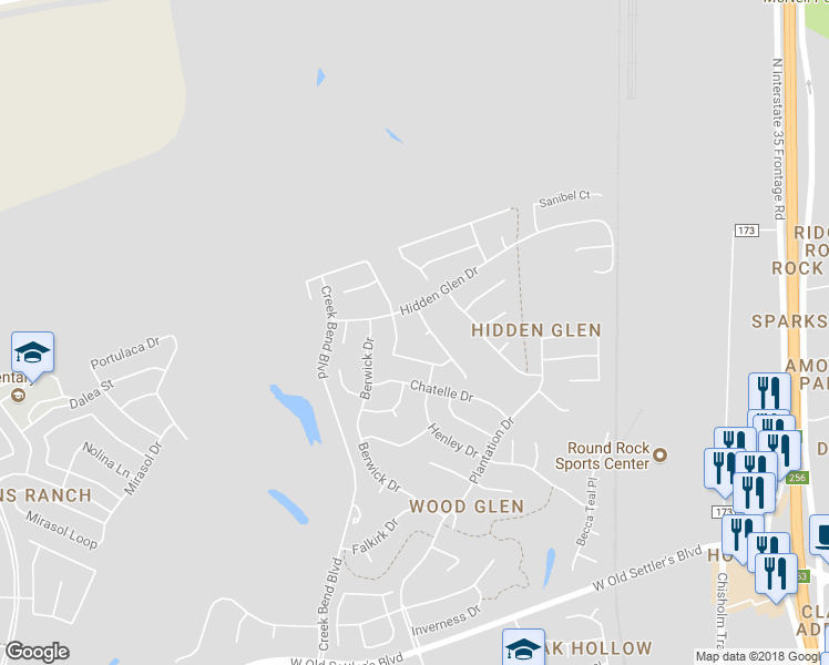 map of restaurants, bars, coffee shops, grocery stores, and more near 2904 Bryco Cove in Round Rock