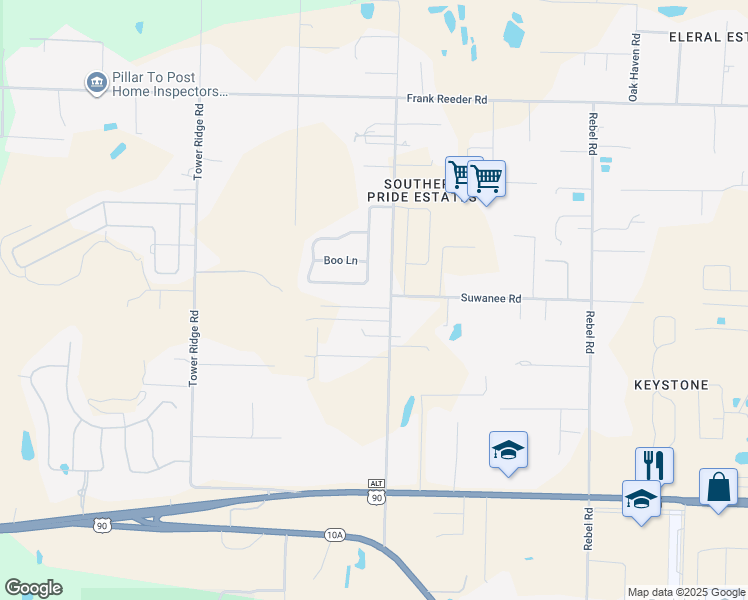 map of restaurants, bars, coffee shops, grocery stores, and more near 9620 Bridlewood Road in Pensacola