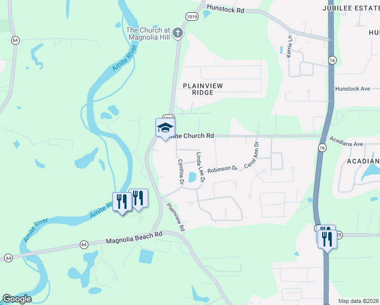 map of restaurants, bars, coffee shops, grocery stores, and more near 7230 Linda Lee Drive in Denham Springs