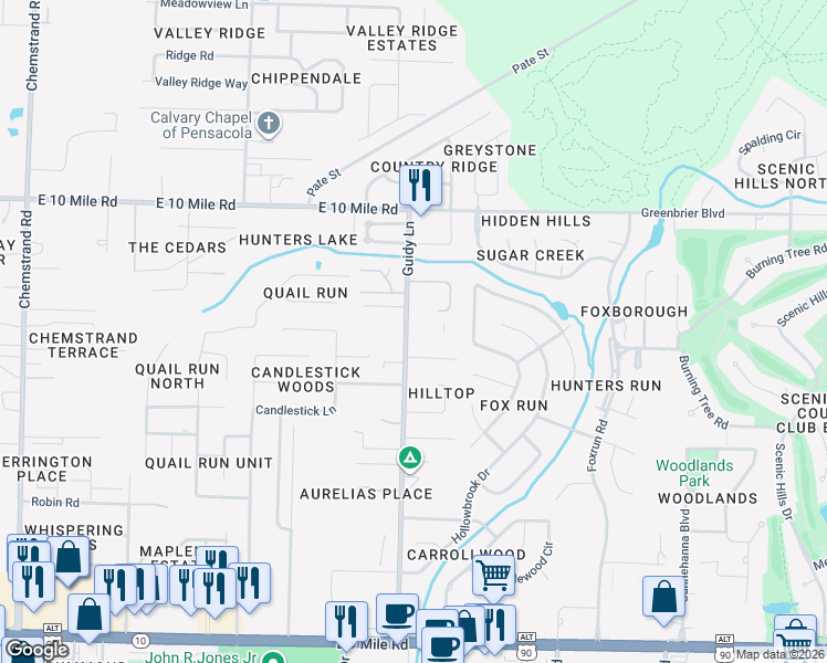 map of restaurants, bars, coffee shops, grocery stores, and more near 9991 Guidy Lane in Pensacola