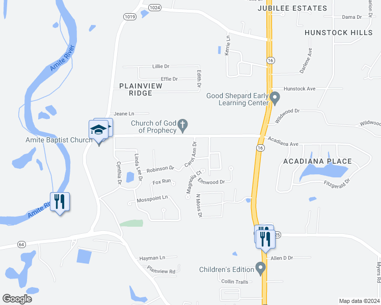 map of restaurants, bars, coffee shops, grocery stores, and more near 32755 Carol Ann Drive in Denham Springs