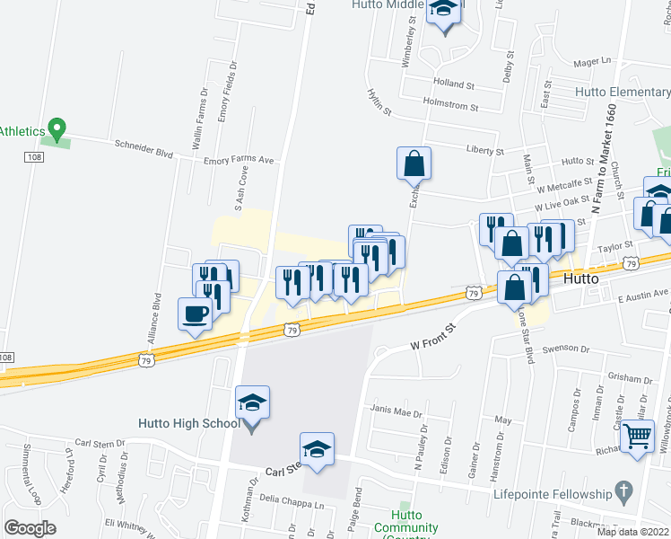 map of restaurants, bars, coffee shops, grocery stores, and more near 320 Ed Schmidt Boulevard in Hutto