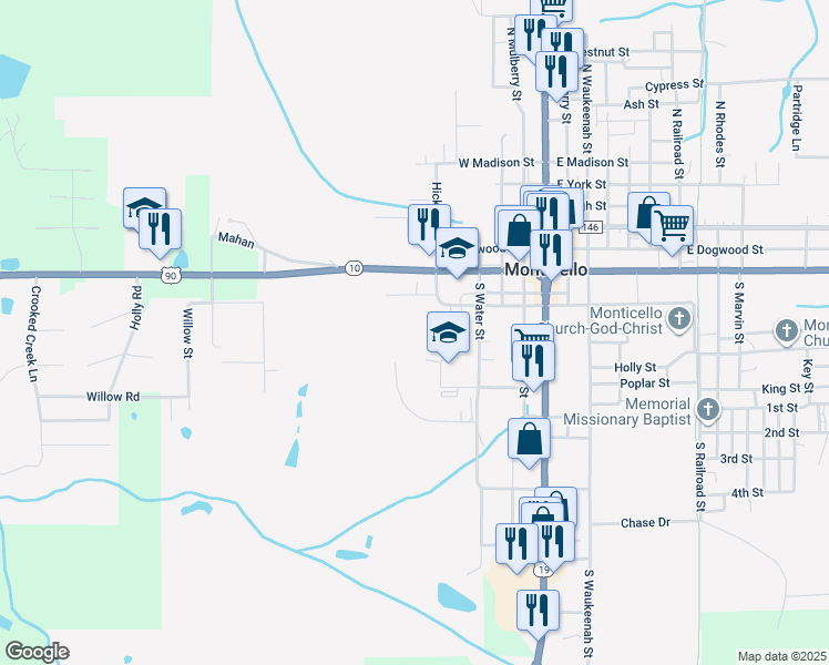 map of restaurants, bars, coffee shops, grocery stores, and more near 625 West Palmer Mill Road in Monticello