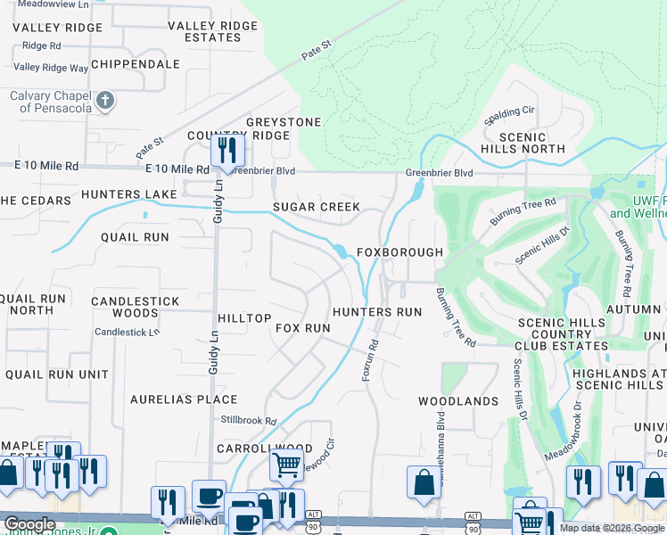map of restaurants, bars, coffee shops, grocery stores, and more near 1210 Stone Bridge Road in Pensacola