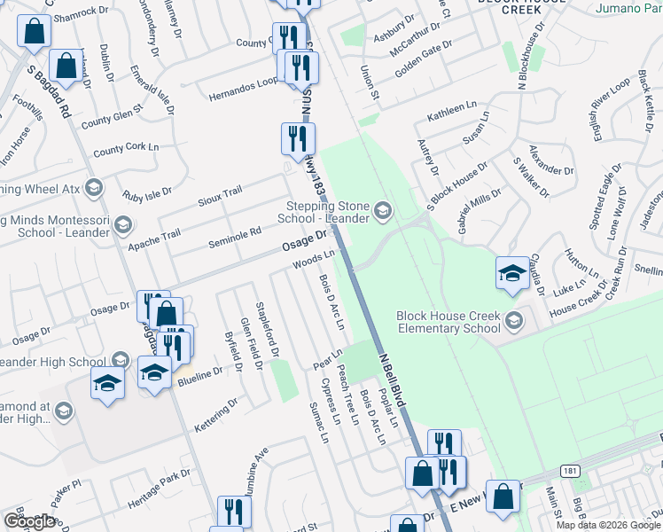 map of restaurants, bars, coffee shops, grocery stores, and more near 2703 Poplar Lane in Cedar Park