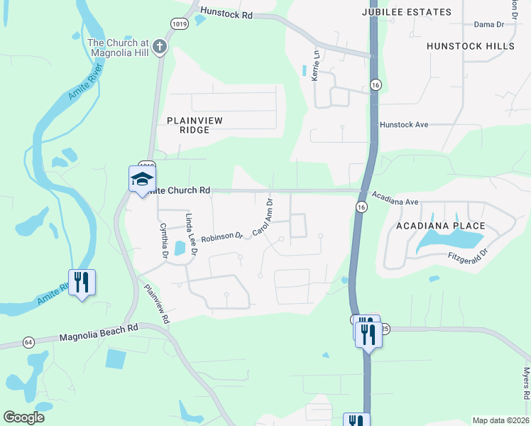 map of restaurants, bars, coffee shops, grocery stores, and more near 32755 Carol Ann Drive in Denham Springs