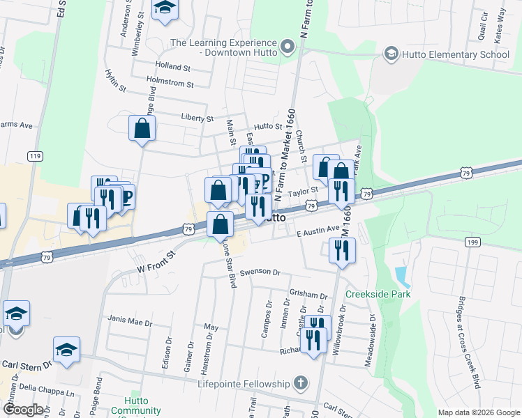 map of restaurants, bars, coffee shops, grocery stores, and more near 101 East Street in Hutto
