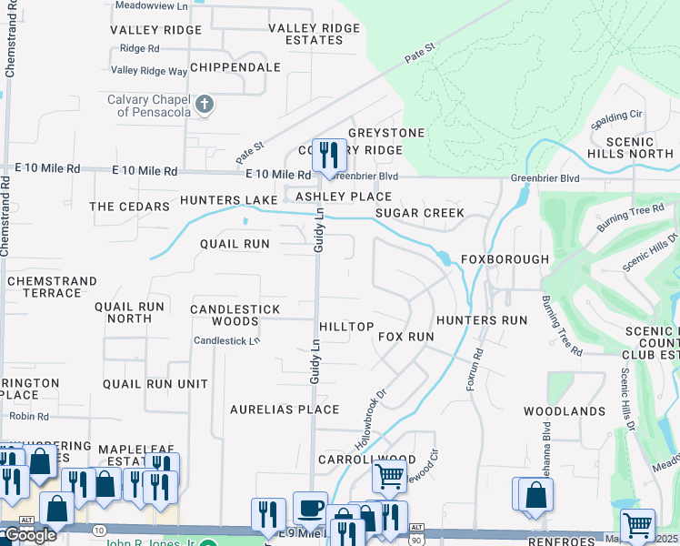 map of restaurants, bars, coffee shops, grocery stores, and more near 9900 Guidy Lane in Pensacola
