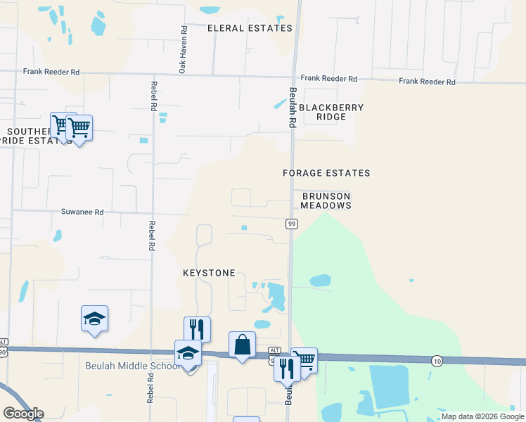 map of restaurants, bars, coffee shops, grocery stores, and more near 9929 Beulah Road in Pensacola