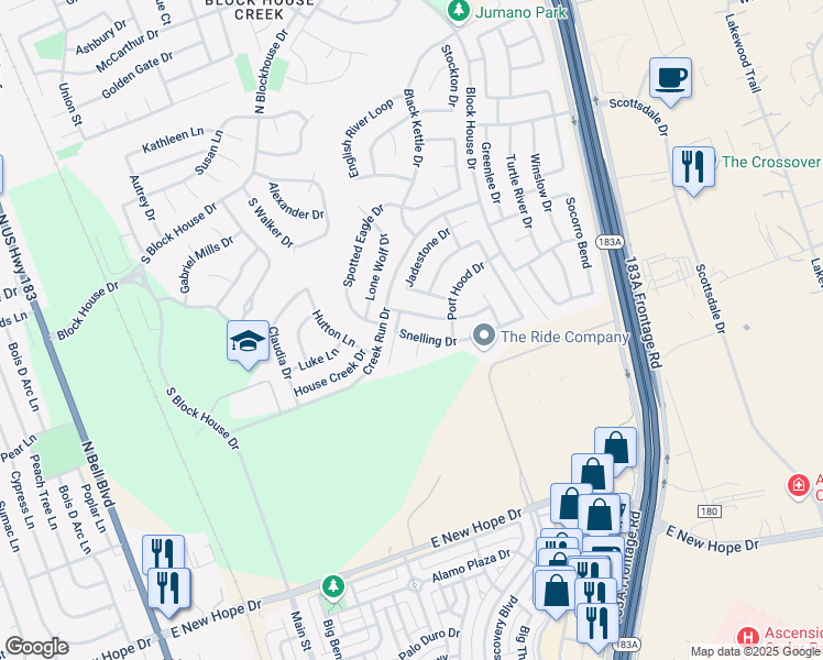 map of restaurants, bars, coffee shops, grocery stores, and more near 15010 Snelling Drive in Leander