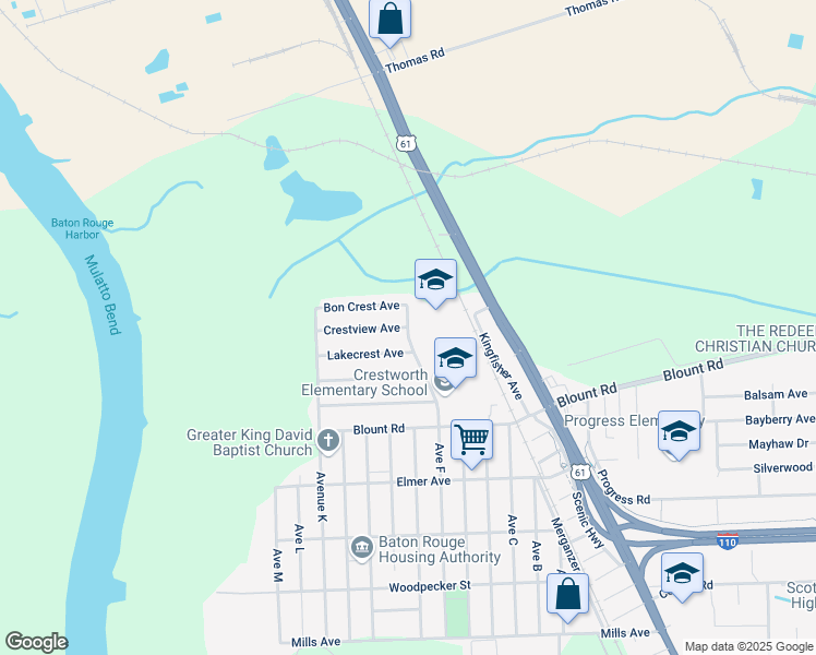 map of restaurants, bars, coffee shops, grocery stores, and more near 11200 Avenue F in Baton Rouge