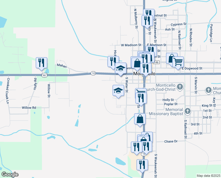 map of restaurants, bars, coffee shops, grocery stores, and more near 625 West Palmer Mill Road in Monticello
