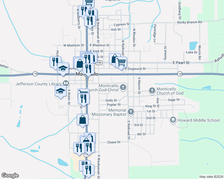 map of restaurants, bars, coffee shops, grocery stores, and more near 515 East Palmer Mill Road in Monticello