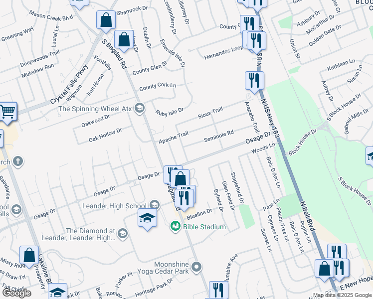 map of restaurants, bars, coffee shops, grocery stores, and more near 606 Seminole Road in Leander